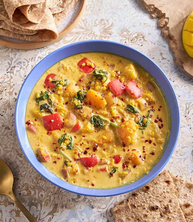 Moong dhal med gresskar, mango og kokos