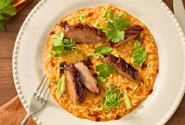 Kimchirisotto med sprøstekt gåsebryst