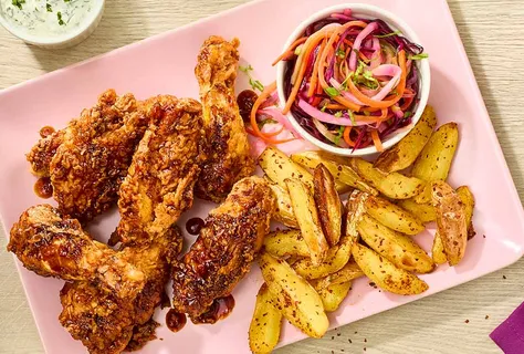 Teriyakivinger med coleslaw og spicy poteter